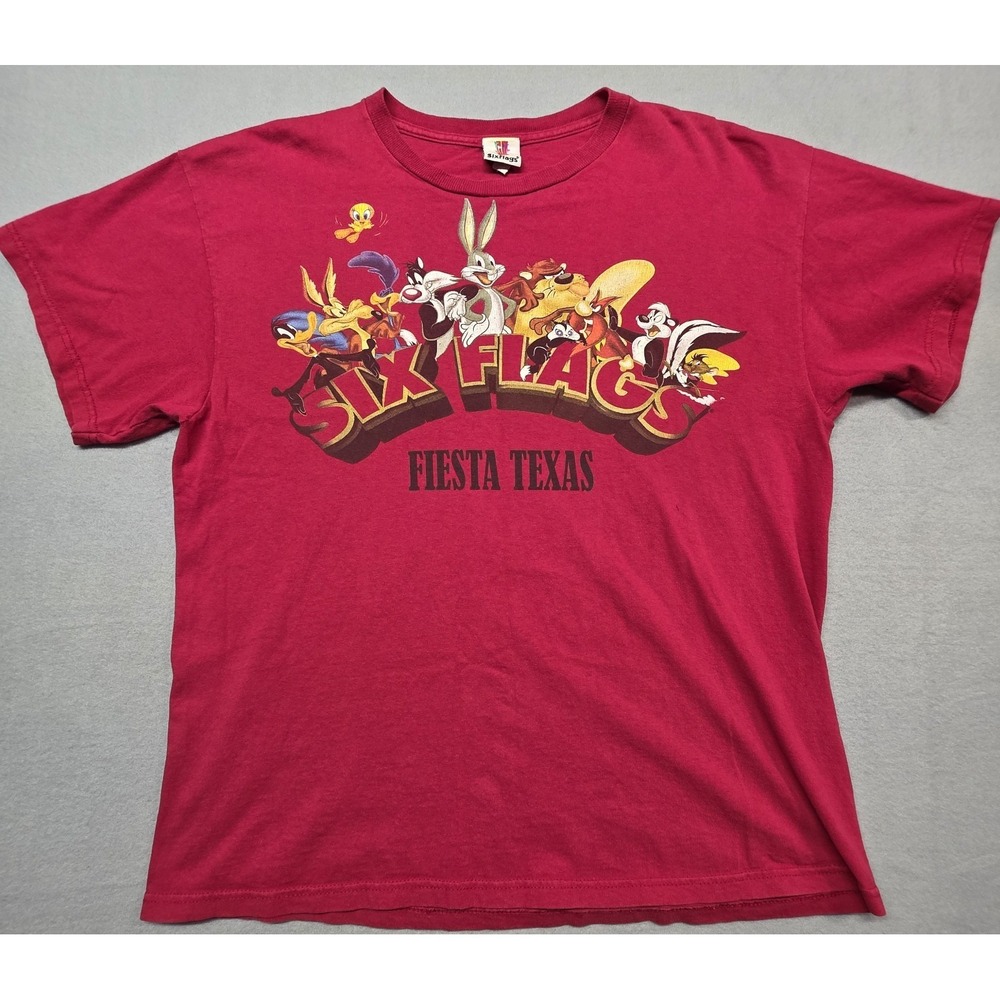 Vintage Looney Tunes Six Flags Fiesta Texas T-Shirt L Red Bugs Bunny Cartoon